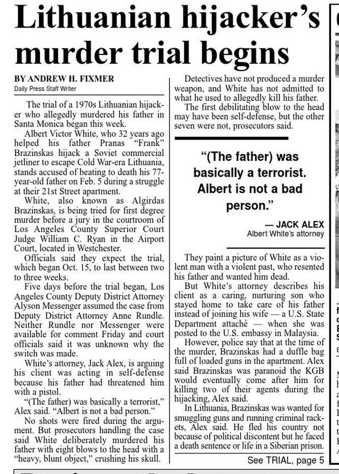 Статья в Santa Monica Daily Press от 21 октября 2002 года о суде над Альгердасом Бразинскасом.