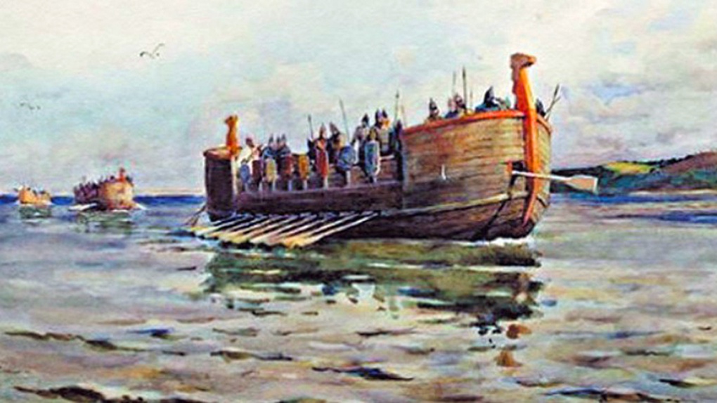 Картина О. Н. Карташева «Палубная ладья Изяслава Мстиславича с двумя рулевыми вёслами».