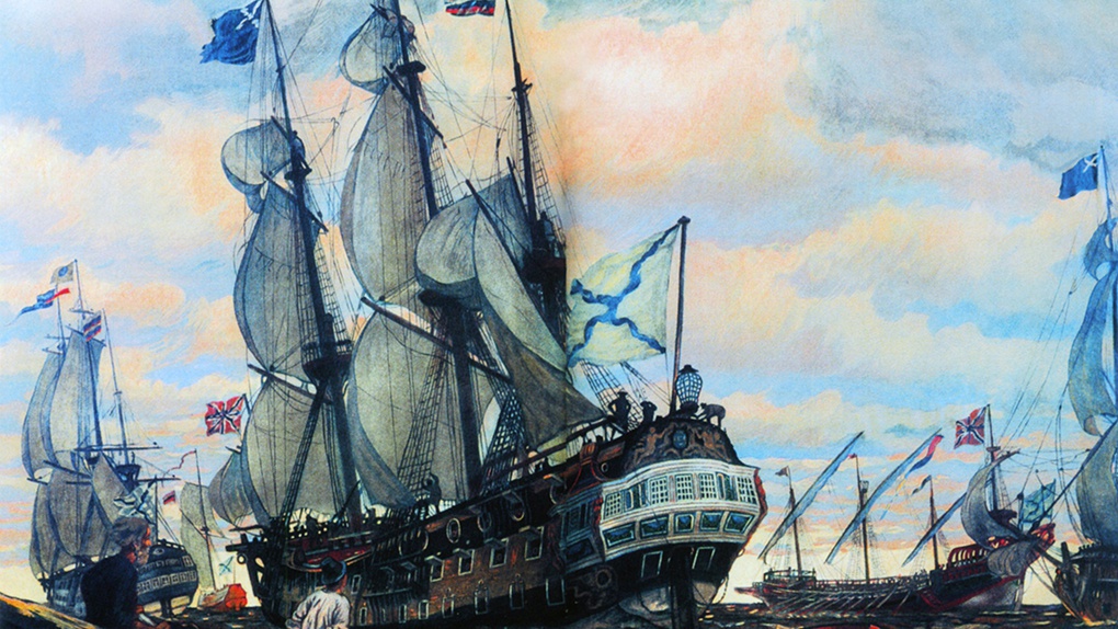 Картина Евгения Лансере «Русские военные корабли эпохи Петра Великого».