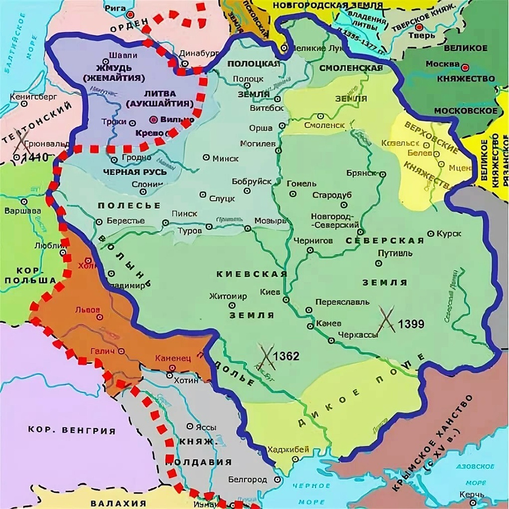 Карта захвата русских земель Польшей и Литвой.