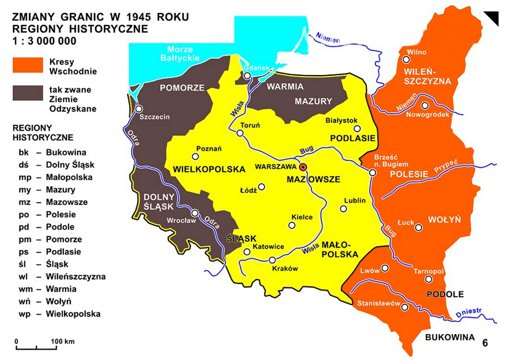 Изменение границ Польши в 1945 году. Оранжевым цветом выделены восточные территории Польши, переданные Советскому Союзу, чёрным – так называемые восстановленные земли.