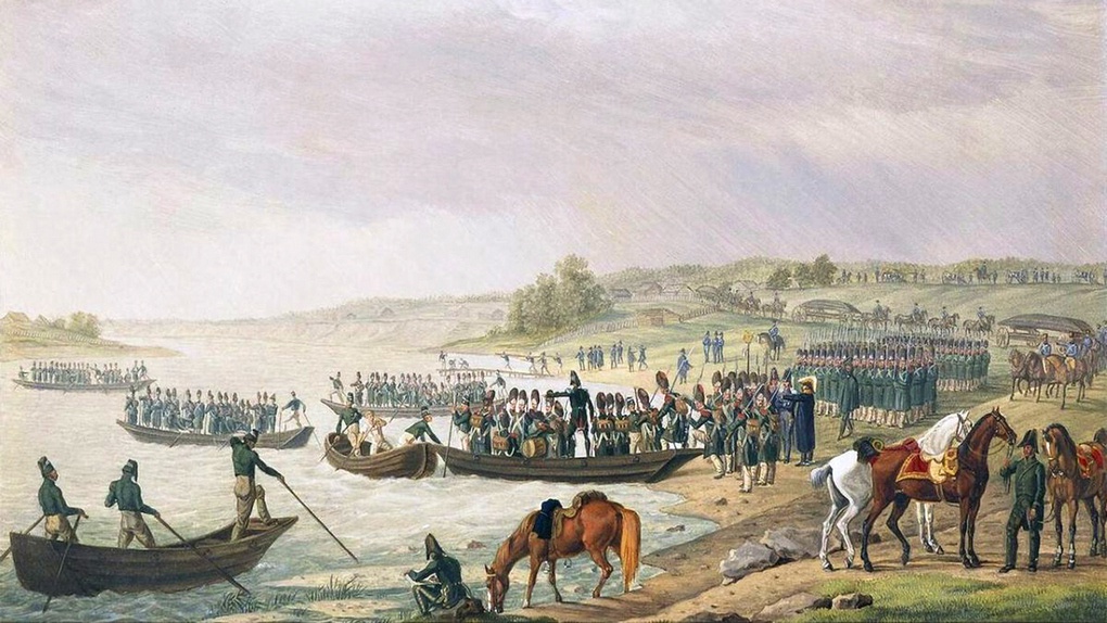 Переправа через Неман корпуса Евгения Богарне 30 июня 1812 г. (картина А. Альбрехта).