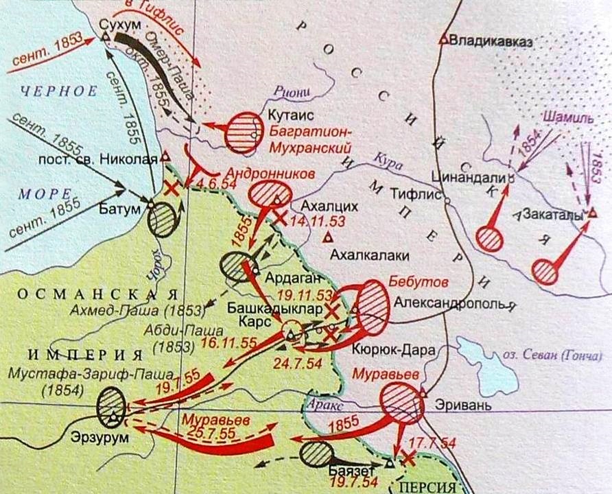 Карта Кавказского ТВД Крымской войны.