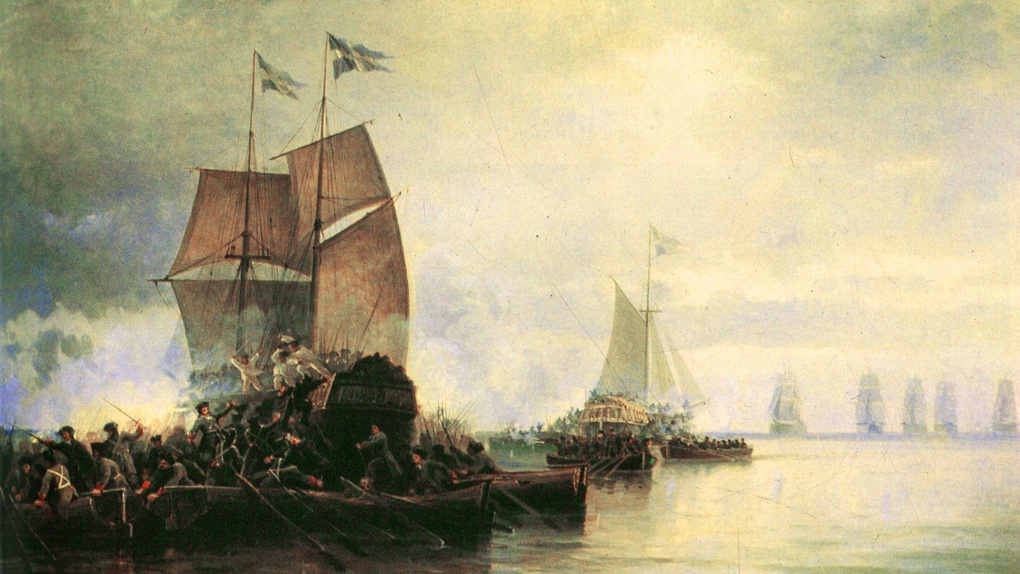 Взятие шведских кораблей на абордаж в устье Невы (картина Леонида Блинова).