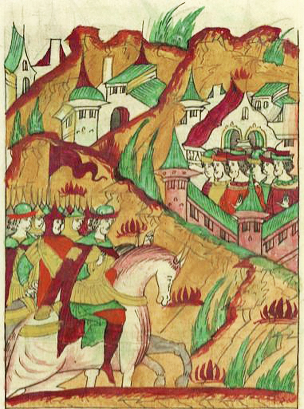 Даниил Федорович Адашев едет к крепости Сыренск (миниатюра Лицевого летописного свода).