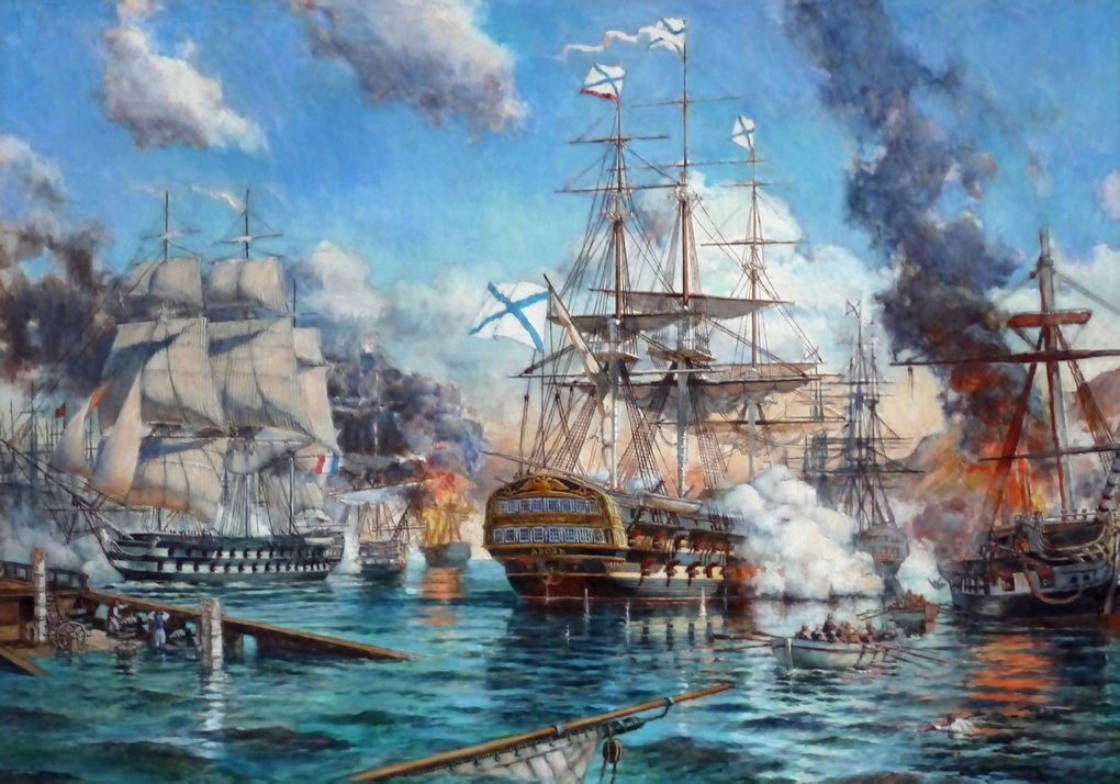 Линейный корабль «Азов» в Наваринском сражении (картина Вячеслава Красноперова).