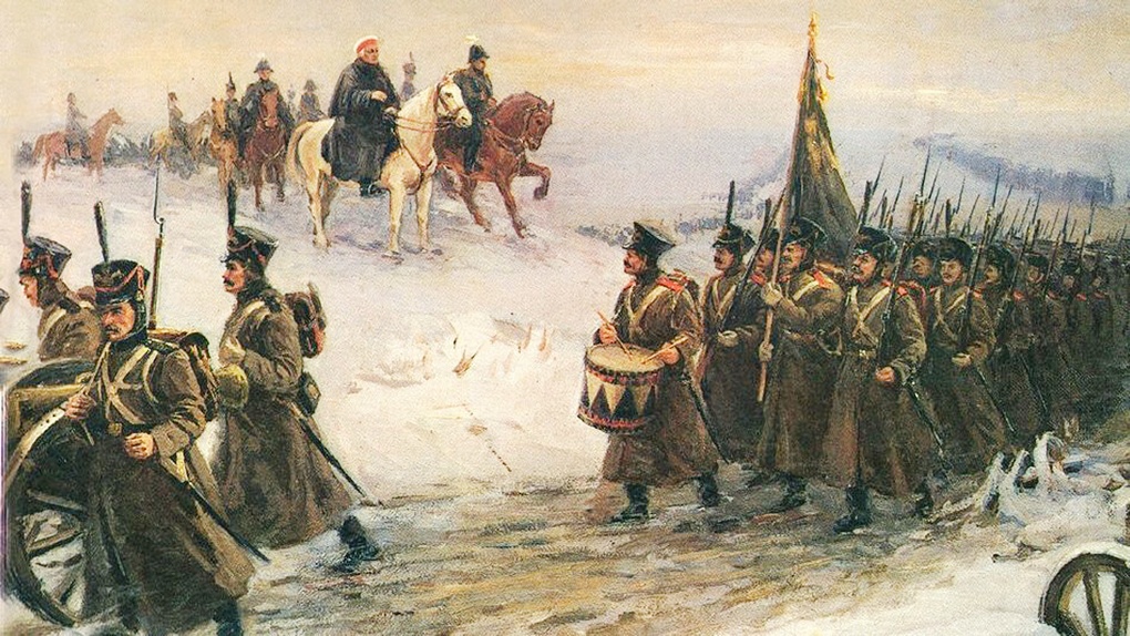 М.И. Кутузов и перешедшие Неман русские полки на марше (картина Павла Демидова).