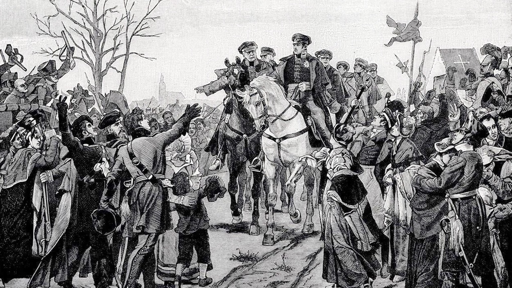 Король Пруссии приветствует восторженную толпу в Бреслау 17 марта 1813 года (картина Г. Блайбтроя).
