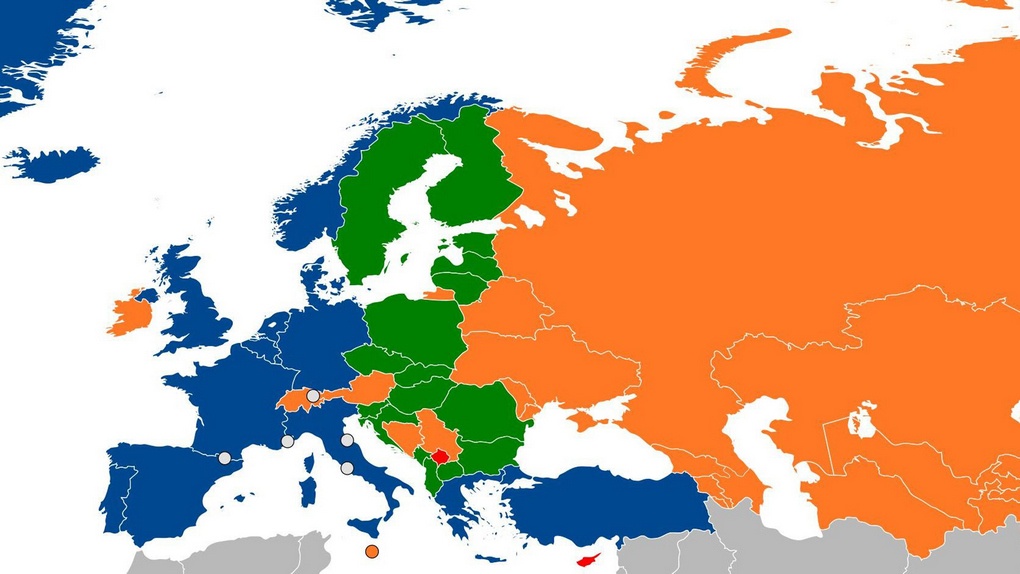 Карта участия в «Партнёрстве во имя мира» (зелёным выделены страны, ставшие затем членами НАТО).