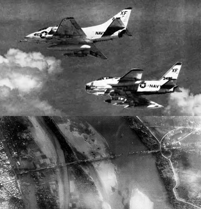 Истребители США F-4D, оснащенные управляемыми крылатыми ракетами AGM-12 и уничтоженный мост под Ханоем.