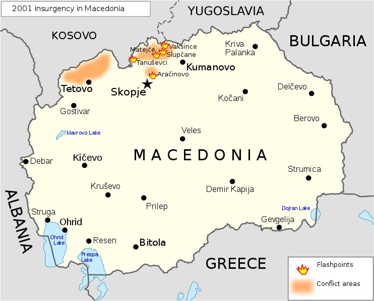 Карта восстания албанской Армии национального освобождения в Македонии в 2001 году.