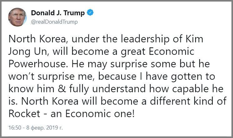 «Северная Корея станет ракетой иного типа - экономической!», - написал американский президент в своем Twitter.