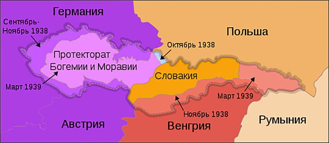 Карта раздела Чехословакии после Мюнхенского сговора.