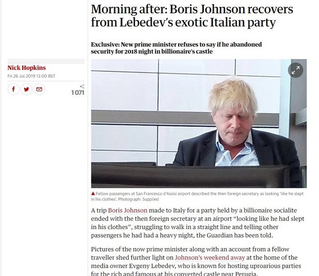 По версии The Guardian, Борис Джонсон приходит в себя после экзотической вечеринки на вилле Лебедева.