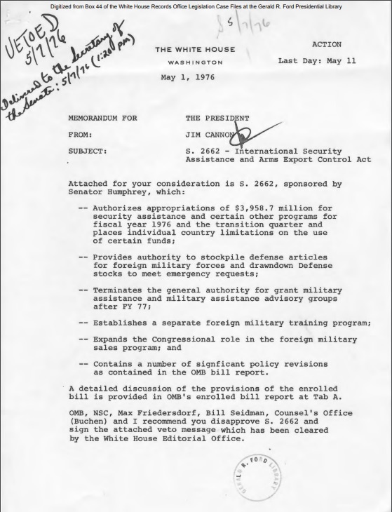 Принятый в 1976 году закон International Security Assistance and Arms Export Control Act.