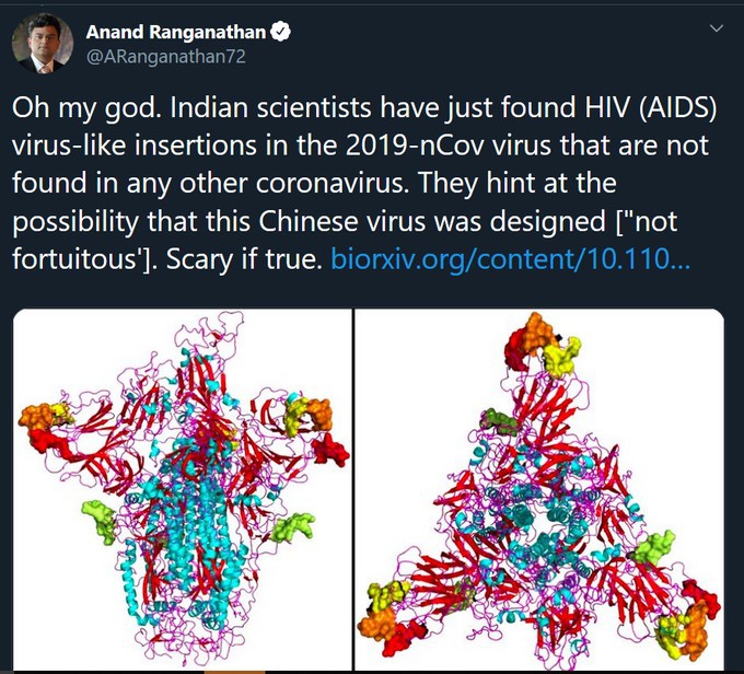 Сообщение в твиттере профессора генетики Государственного университета Джавахарлала Неру в Дели Ананда Ранганатана об искусственном происхождении вируса.