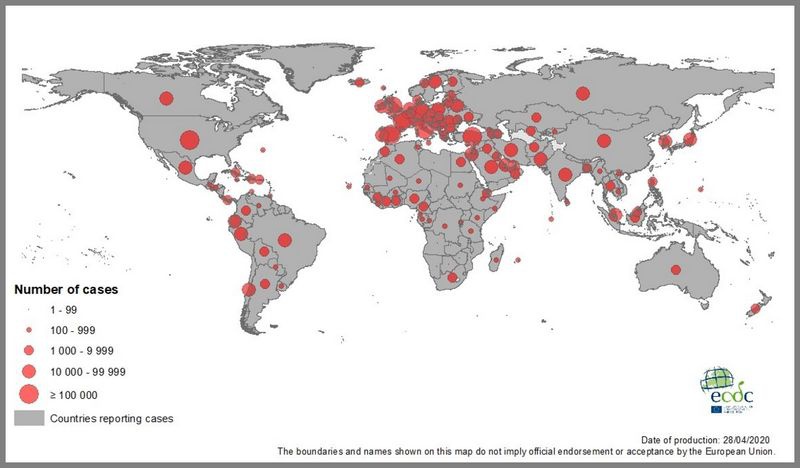 Карта распространения COVID-19 в мире на 28 апреля 2020 года.
