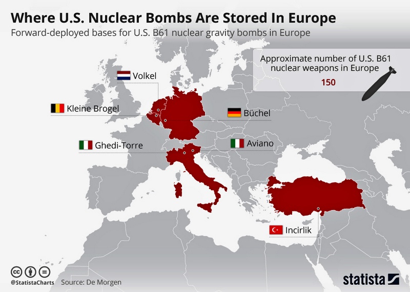 Карта размещения американского ядерного оружия в Европе.