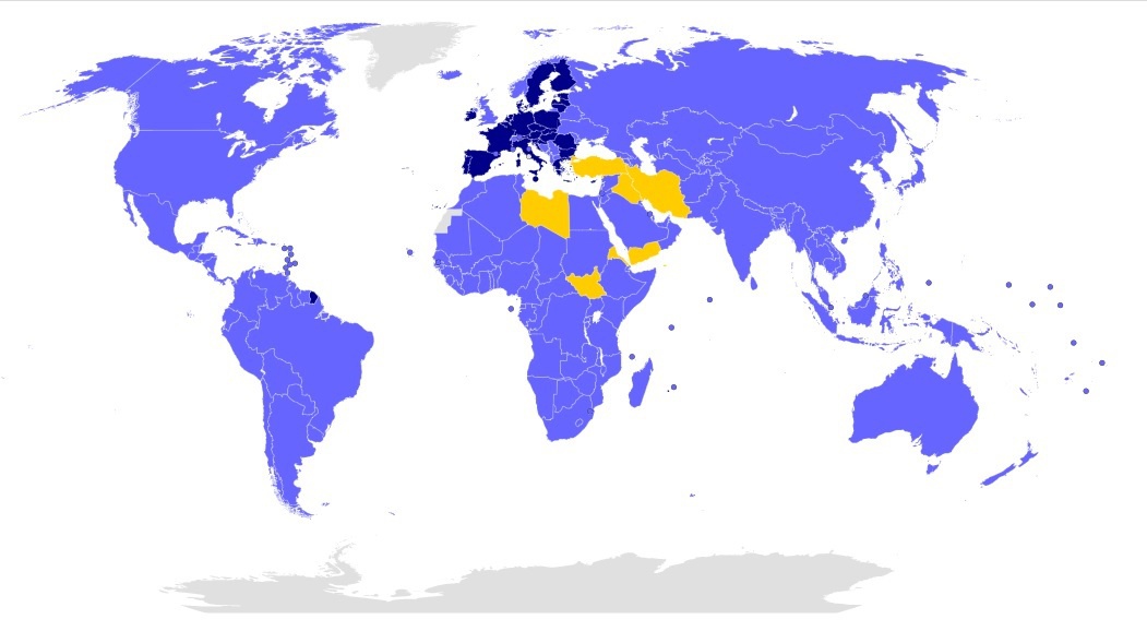 В декабре 2015 года 194 страны подписали Парижское соглашение по климату. Синим цветом отмечены страны, которые ратифицировали Соглашение, жёлтым - подписали.
