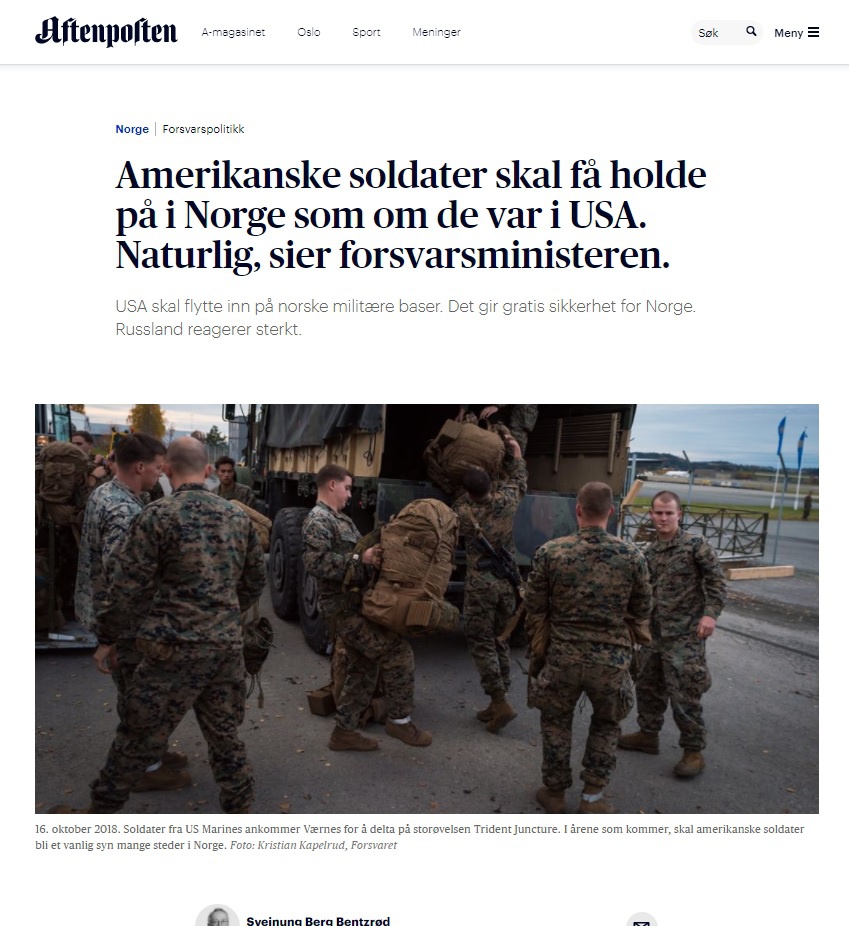 Норвежская газета Aftenposten считает, что американские формирования будут действовать в Норвегии так, словно они находятся у себя дома в США.