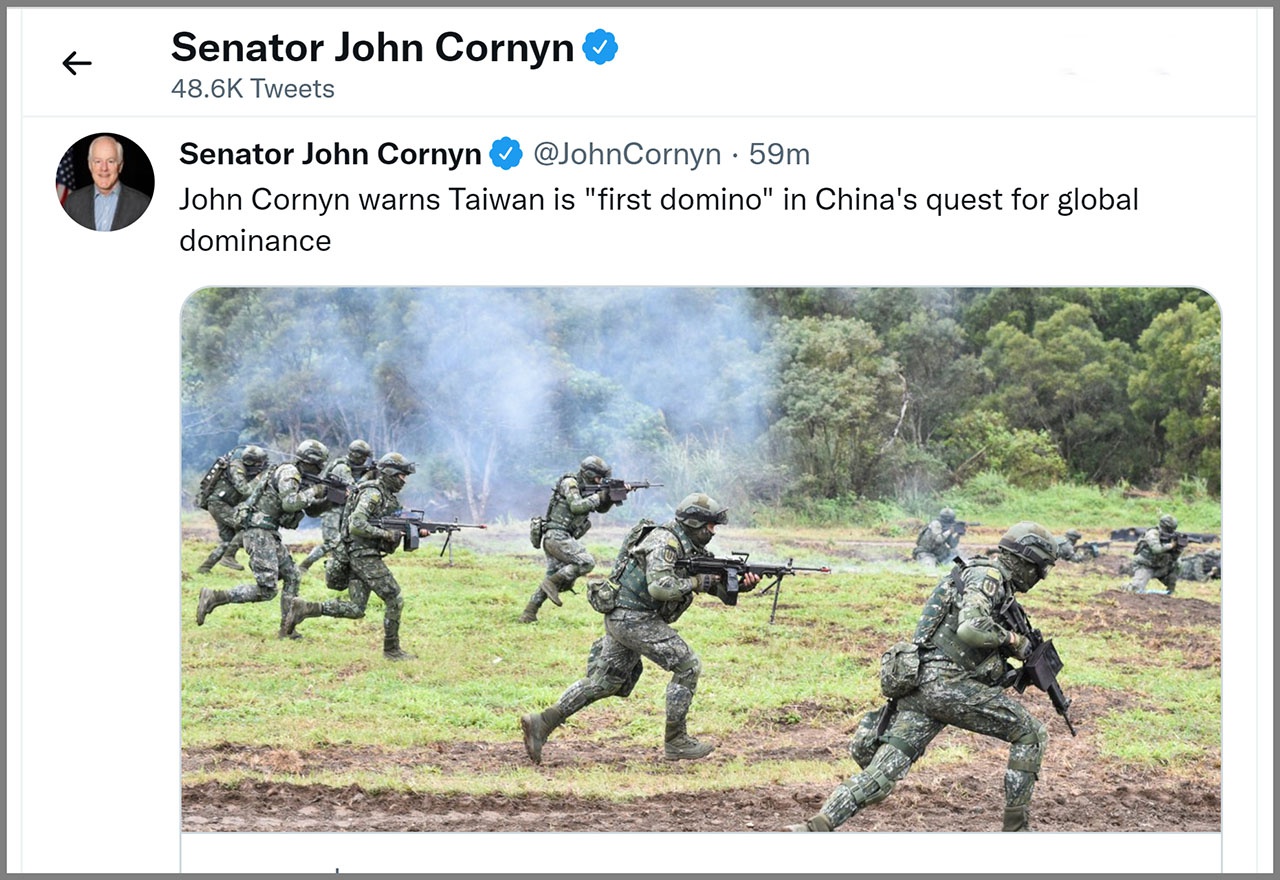 Джон Корнин предупреждает, что Тайвань будет «первой жертвой» в стремлении Китая к мировому господству.
