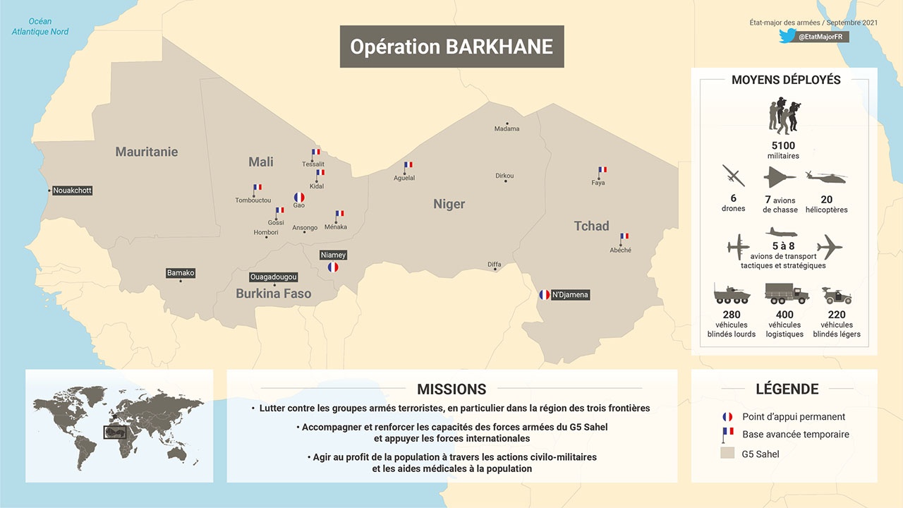 Зона ответственности французов, присутствующих в Мали, Чаде, Нигере и Буркина-Фасо, охватывает территорию площадью более 4 млн квадратных километров.