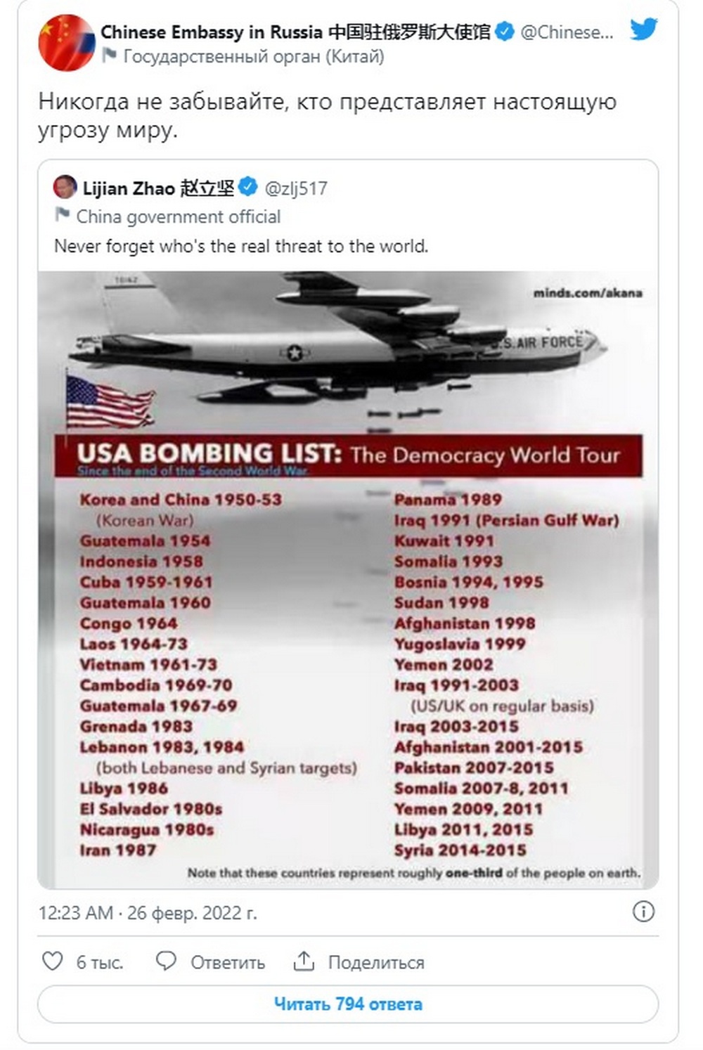 Московская дипмиссия КНР пояснила твит представителя информационного департамента МИД Китая Чжао Лицзяня, который опубликовал картинку с подписью «Список бомбардировок США: мировой тур демократии».