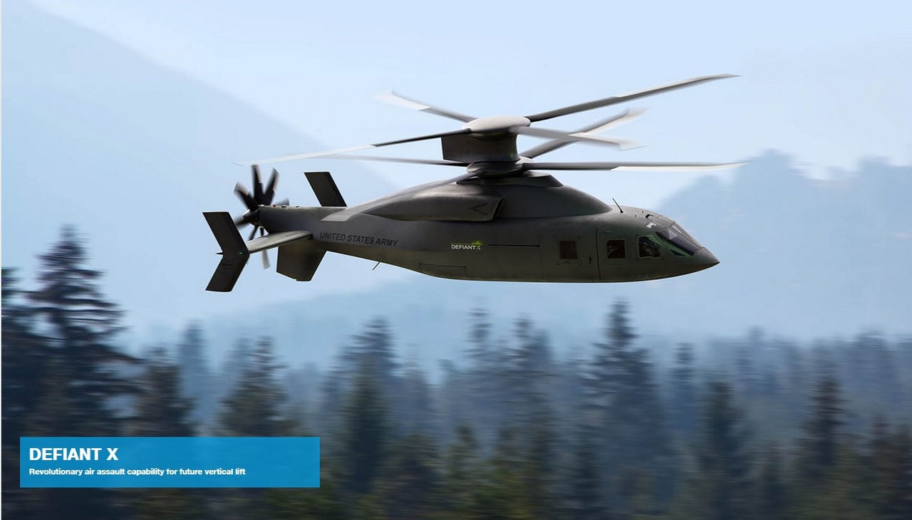 В начале прошлого года консорциум компаний Boeing и Sykorsky представил совместный проект скоростного вертолёта под названием Defiant X с двухвинтовой соосной несущей системой и толкающим винтом в хвосте.