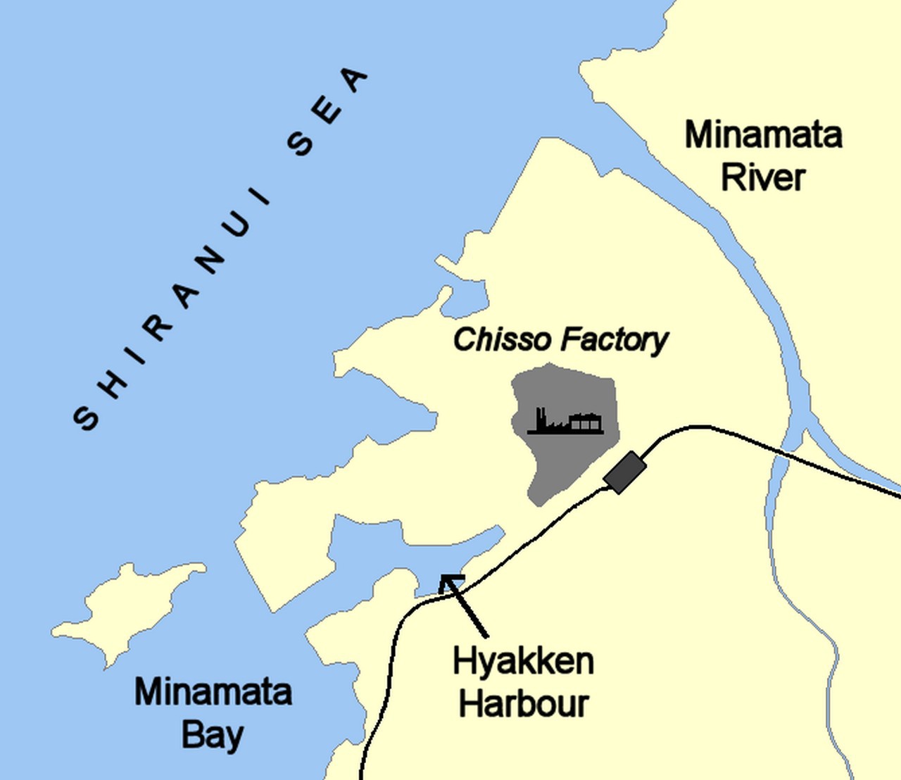 Маршруты стоков промышленных вод в залив Минамата японской химической компанией Chisso Corporation.