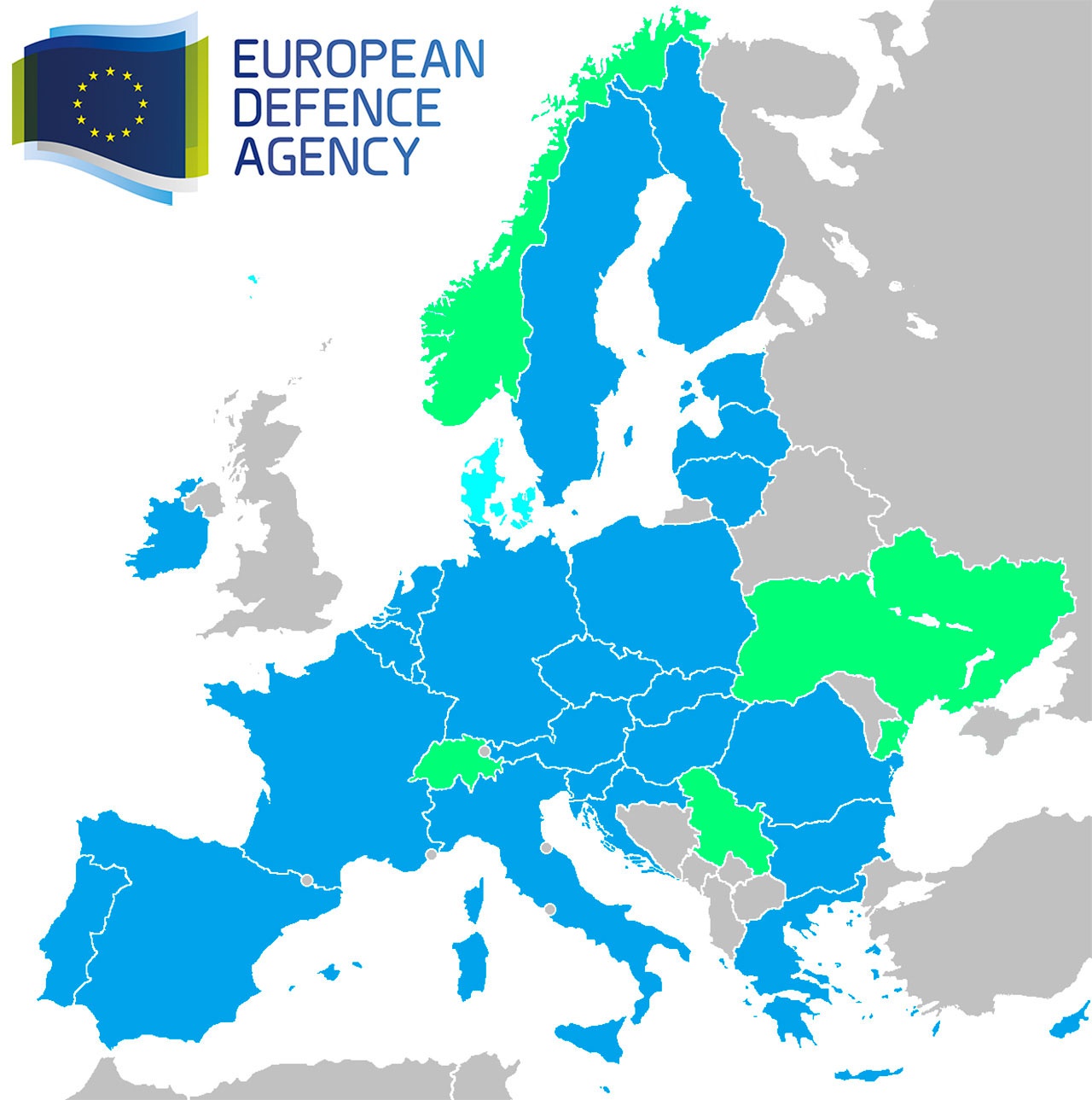 Члены Европейского оборонного агентства (EDA): синий - Европейский Союз, голубой - отказ (Дания), зелёный - без права голоса (Норвегия, Сербия, Швейцария, Украина).