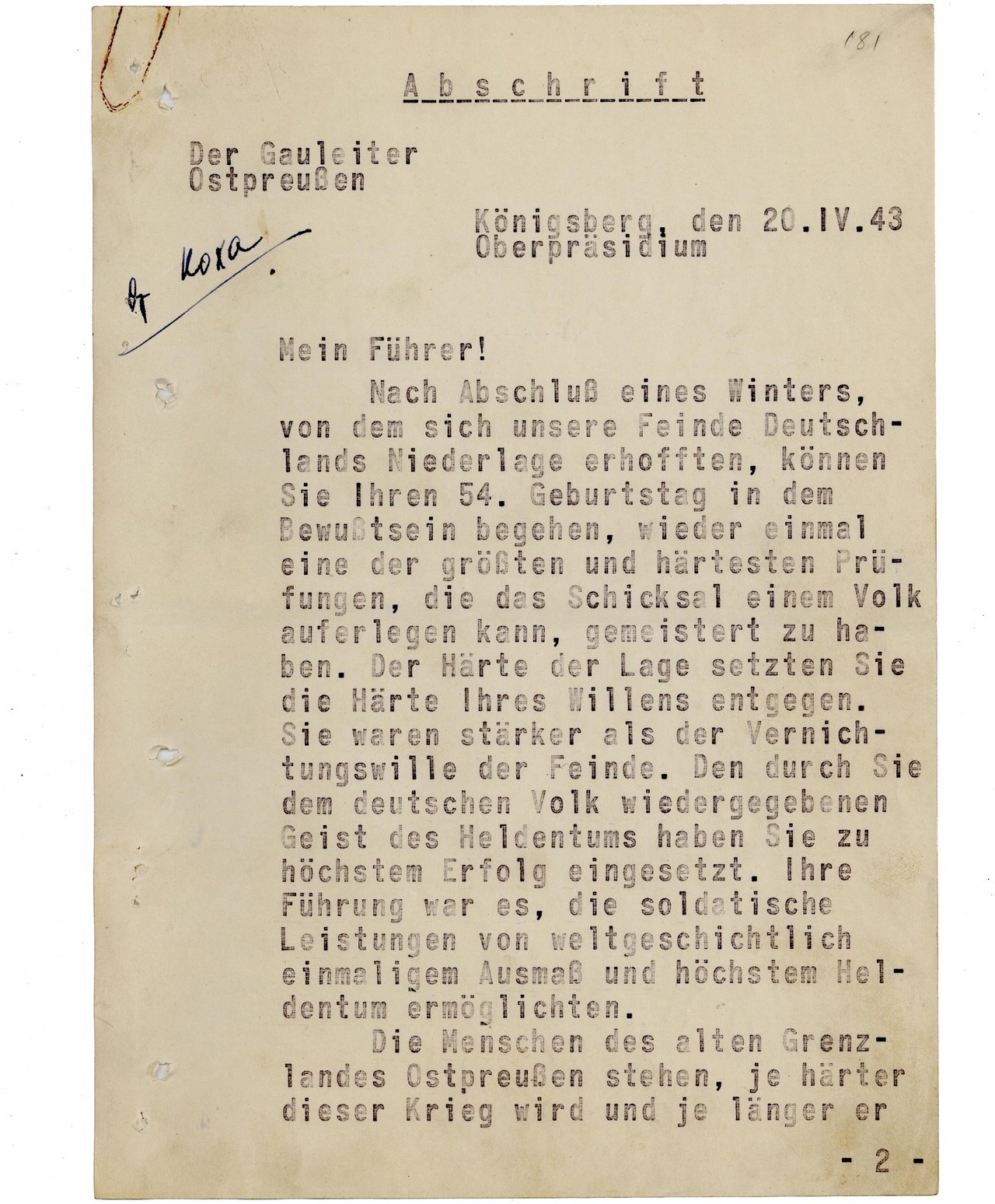 Телеграмма Коха Гитлеру от 20 апреля 1943 г. Стр. 1.