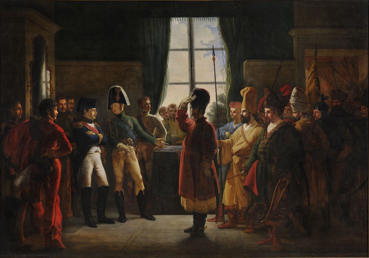 Александр I после заключения Тильзитского мира, представляет Наполеону казаков, калмыков и башкир своей армии. Пьер-Ноласк Бержере, 1807 год.