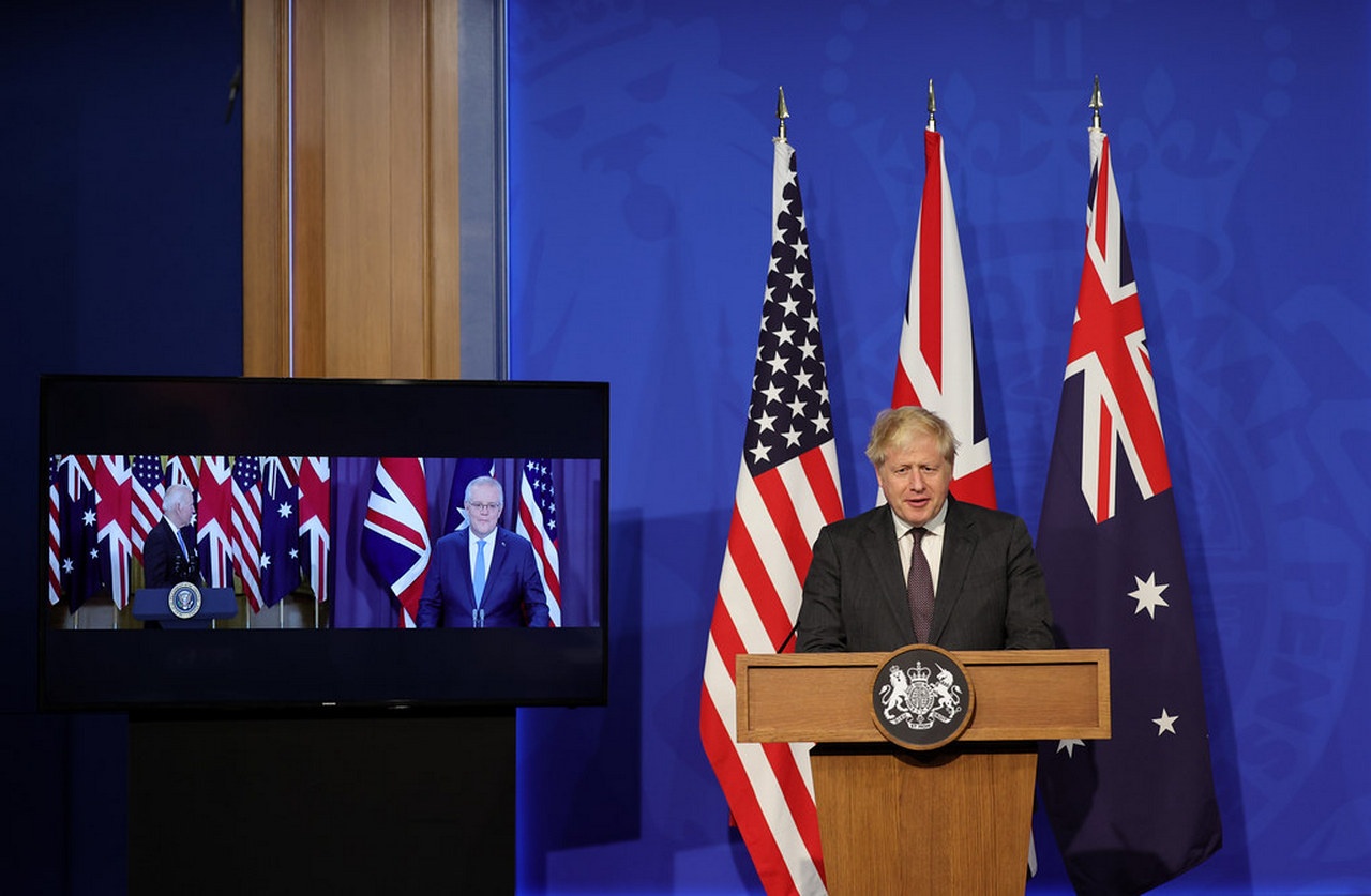 Премьер-министр Борис Джонсон присоединяется к президенту США Джо Байдену и премьер-министру Австралии Скотту Моррисону с Даунинг-стрит, 9, на открытии партнёрства AUKUS.
