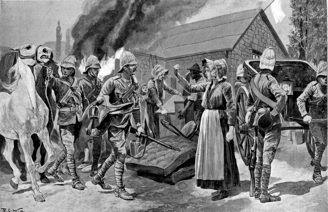 Сожжение и разграбление фермы буров английскими солдатами.