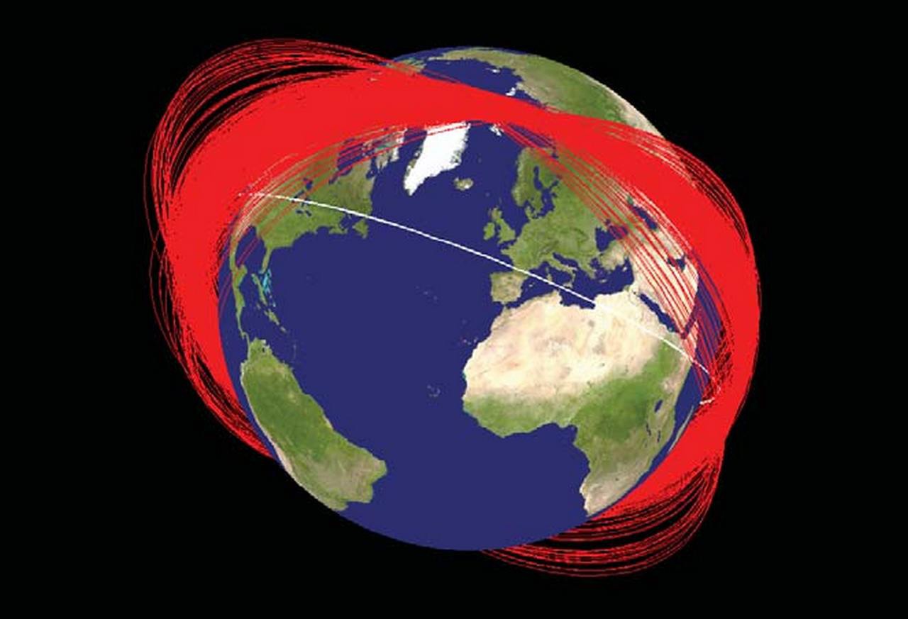 Распределение орбит фрагментов китайского спутника Fengyun-1C спустя месяц после перехвата.