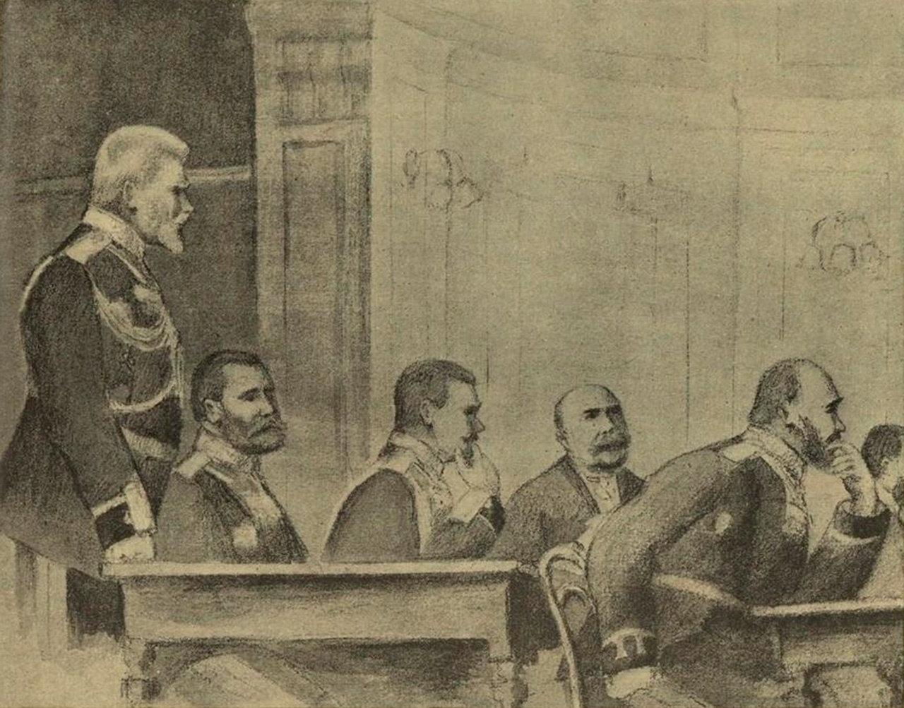 Заседание Верховного военно-уголовного суда по делу о сдаче японцам крепости Порт-Артур. Генерал-лейтенант А.М. Стессель в гражданской одежде второй справа.