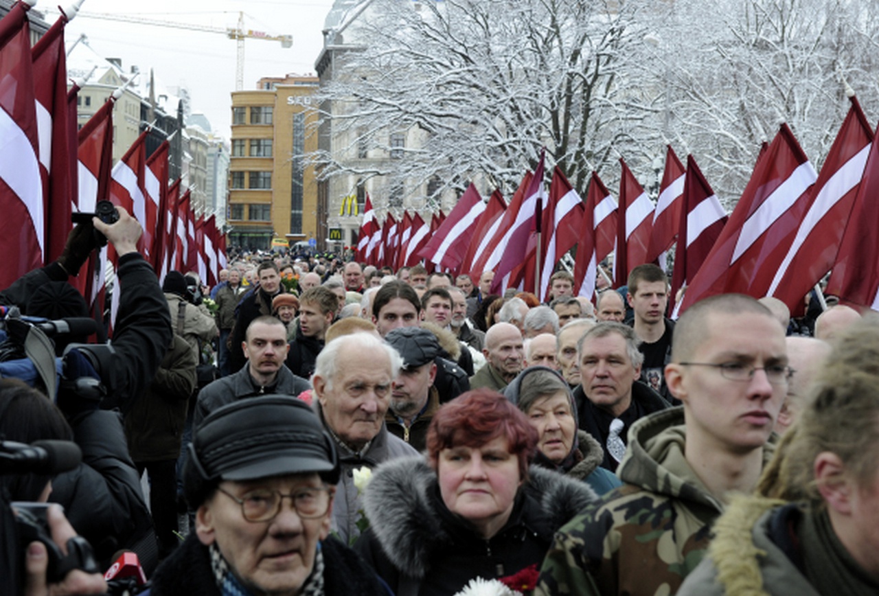 Легионеры и сочувствующие в годовщину образования латышского легиона «Ваффен СС», Рига.
