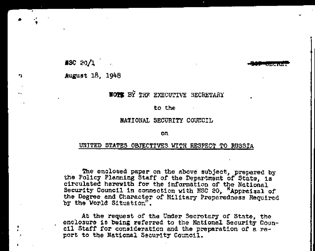 Копия рассекреченной Директивы Совета национальной безопасности США 20/1 от 18 августа 1948 года.