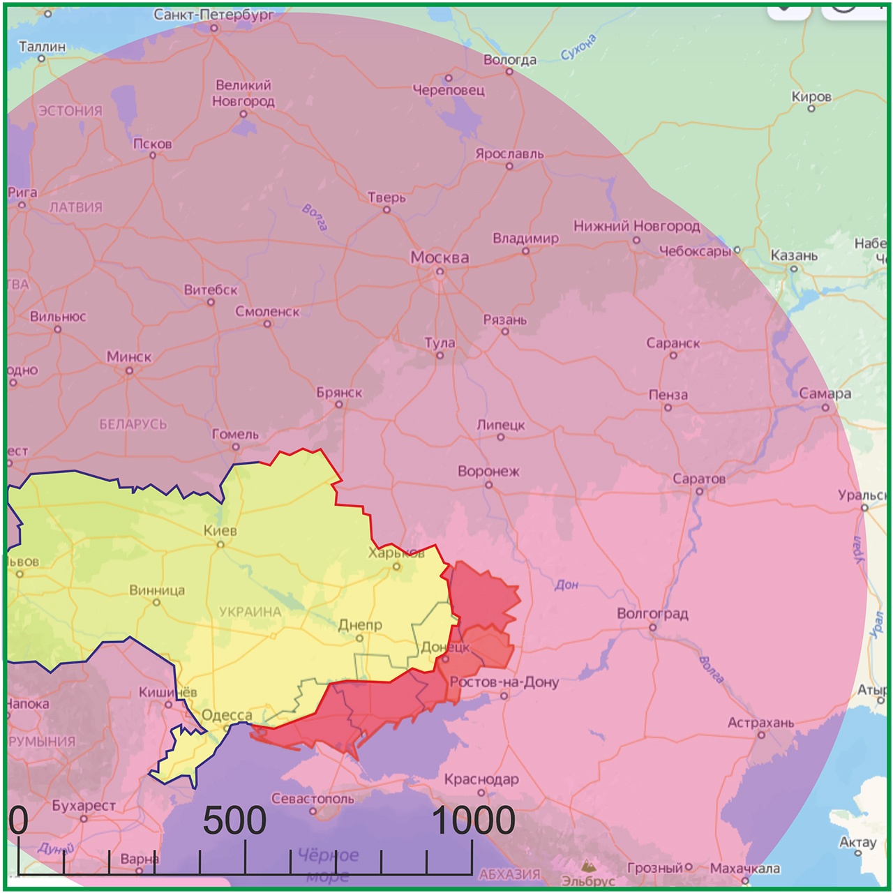 Зона досягаемости дронов-камикадзе ВСУ из стартовых районов севернее Харькова и севернее Шостки.