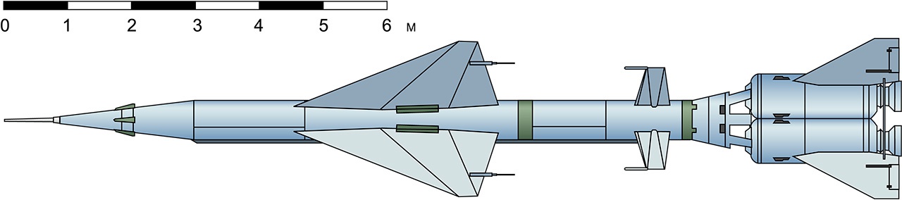Эскиз противоракеты В-1000 с четырьмя ускорителями ПРД-18, которую использовали в первых бросковых пусках.