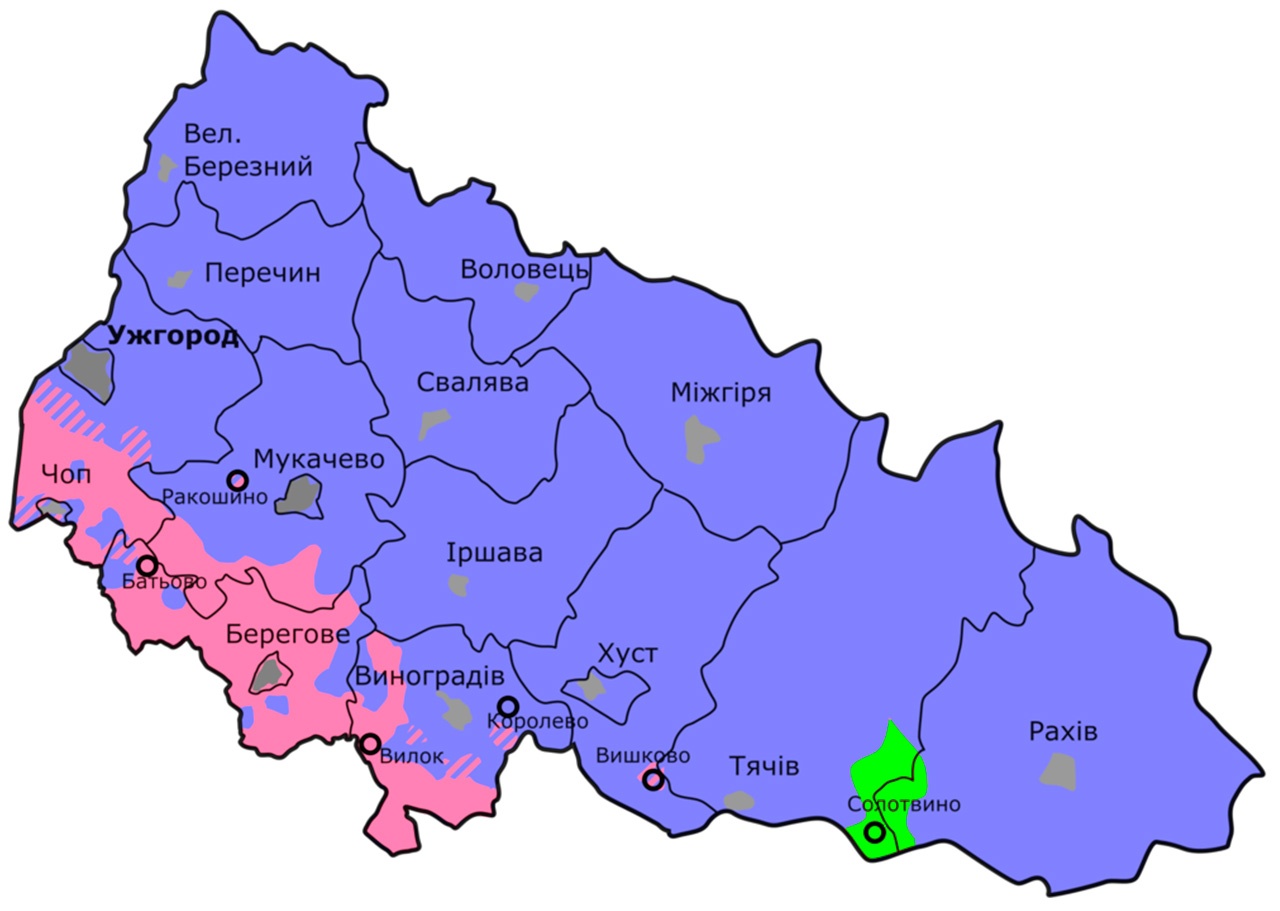 Расселение национальных групп в Закарпатье в 2001 г.: украинцы (сиреневый), венгры (розовый), румыны (зелёный).