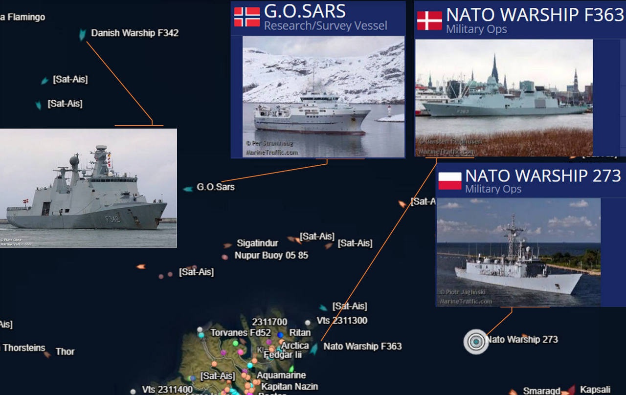 Местоположение кораблей и судов НАТО 30.04 и 1.05.2023 г. в районе Фарерских островов.